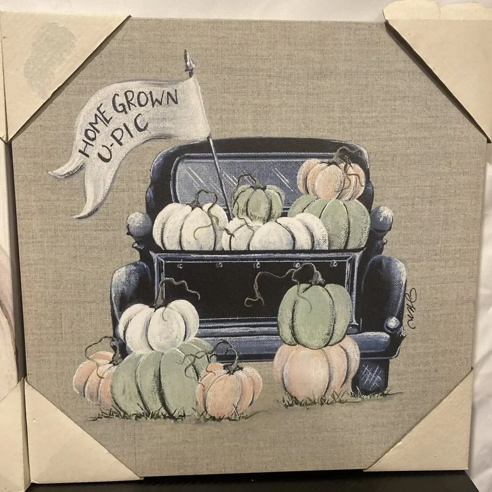 New Farmhouse FALL VINTAGE TRUCK PASTEL PUMPKIN PATCH PICTURE‎ Wall Hanging